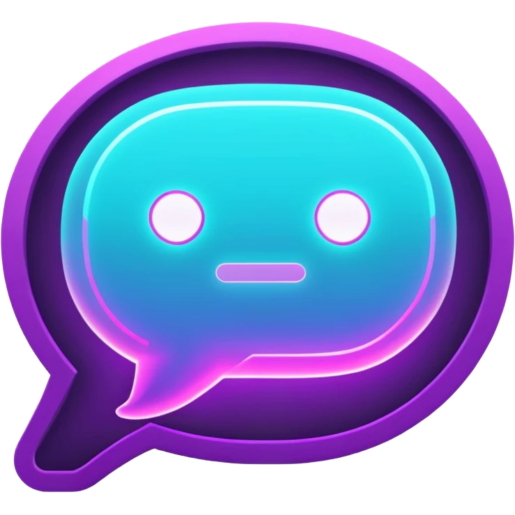 futuristic minimalistic glowing chat bubble icon, purple and cyan neon lines, dark background, digital communication style, 1:1 aspect ratio, no face emoji