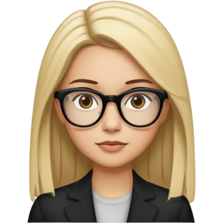 A woman with light skin tone, long straight blonde hair parted to the side, large brown eyes, wearing black-framed glasses, and a neutral expression with a slight smile. emoji