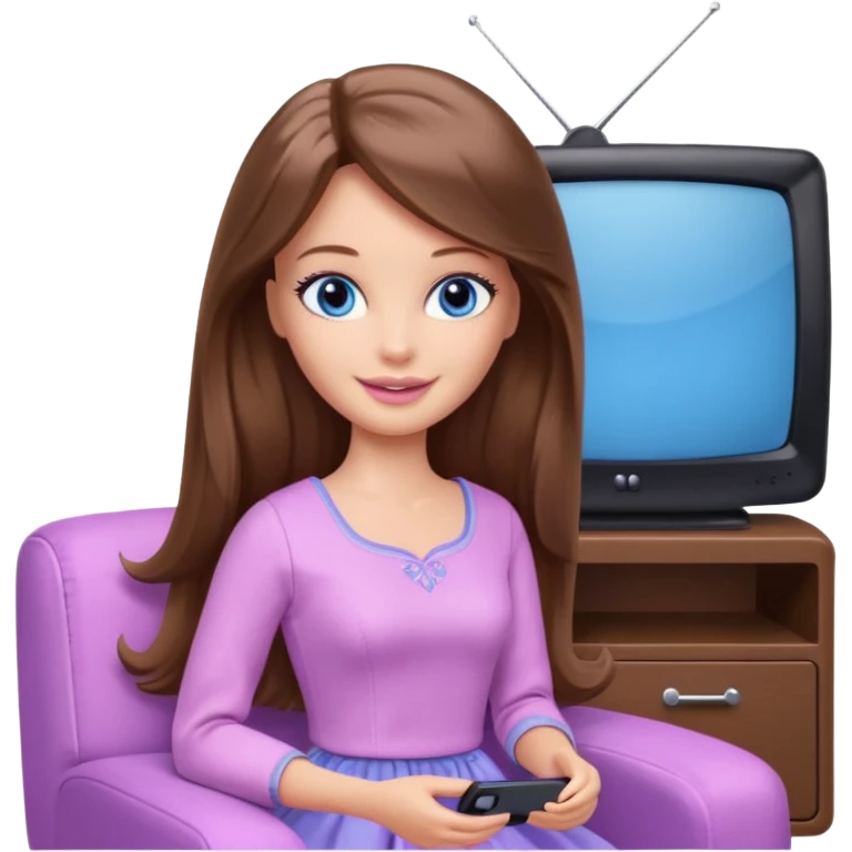 beautiful barbie girl with long brown hair, blue eyes and wearing light purple clothes watching tv emoji