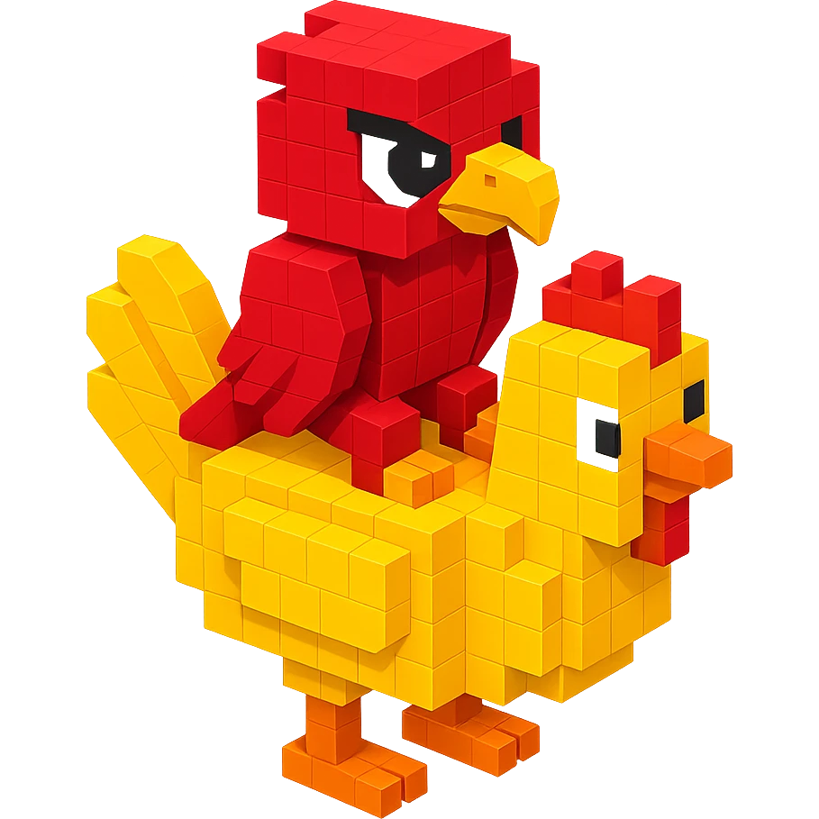 red hawk mascot sitting on a chicken emoji