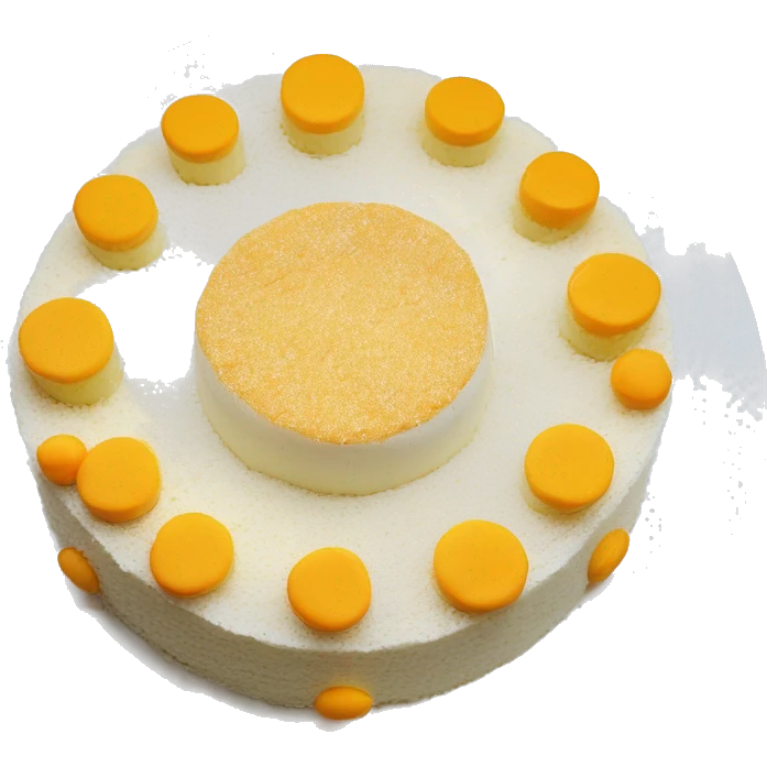 a round salted egg sponge cake on a white plate. The cake is topped with salted egg yolks, mayonnaise, pork floss, and cream cheese pieces, all arranged decoratively. emoji