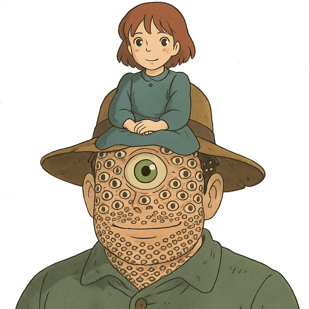 guy with 300 eyes, one big green eye in the middle of his head, hat made out of a girl on his head emoji