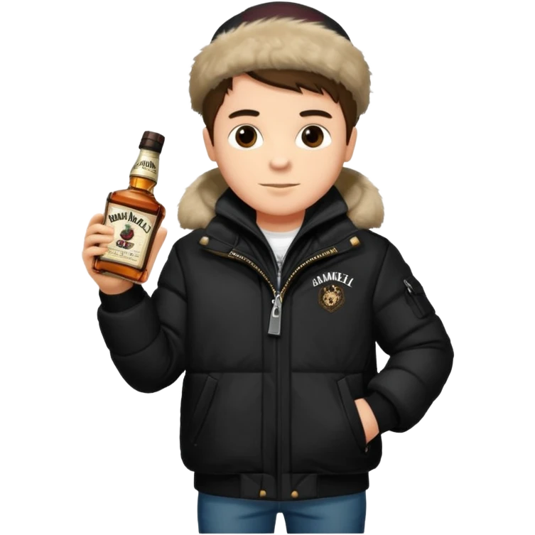 Junge mit Sturmhaube in der Rechten hand eine jacky flasche und schwarze winterjacke mit fell an der mütze 2 meter gross emoji