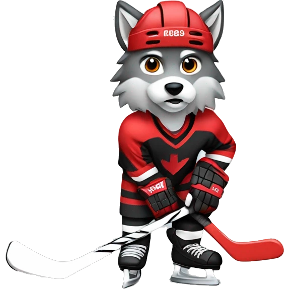 A wolf in a red black and white hockey uniform with a wolf emblem is playing hockey emoji