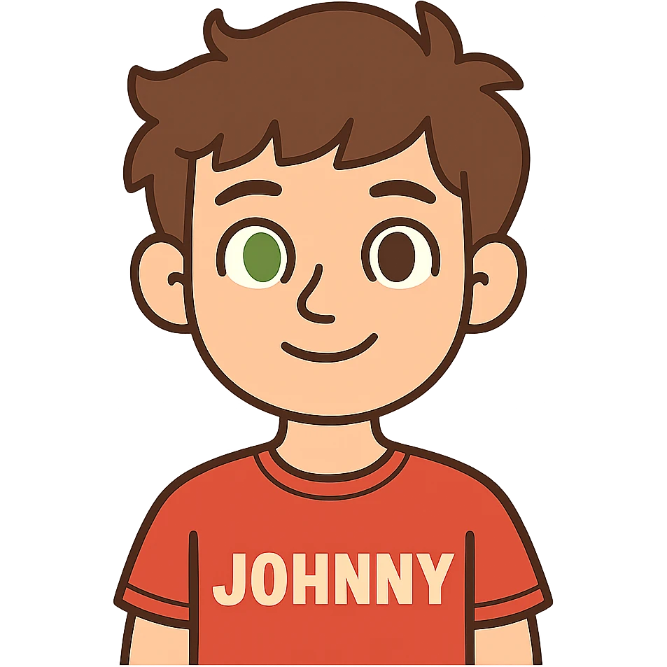 flat toon style Johnny with brown semi-fluffy hair, one green eye and one brown eye emoji
