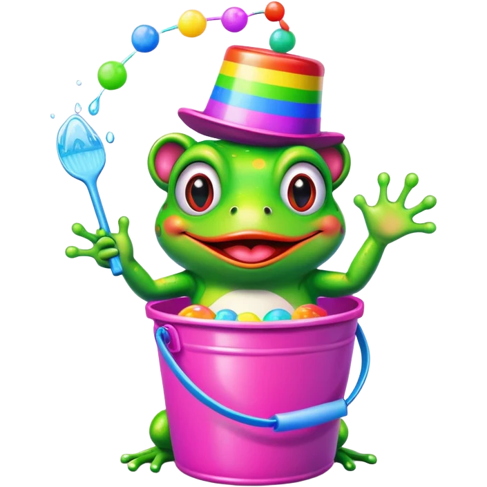 clown frog pepe with a rainbow bucket, pink background emoji