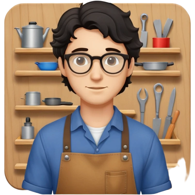 Young caucasian man with black wavy hair, round glasses, brown carpentry apron over a shirt, woodworker emoji