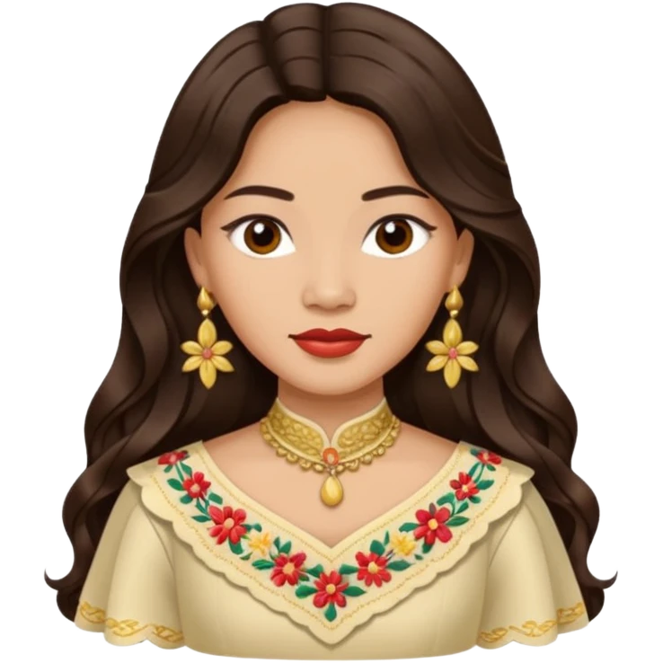 Filipino woman with long dark wavy hair parted in the middle wearing a traditional filipiniana emoji
