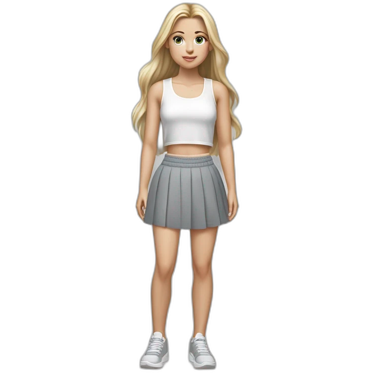 hyperrealist caucasian girl, long straight blonde hair, white sheer laced crop tanktop, grey micro skirt, grey and white sneakers emoji