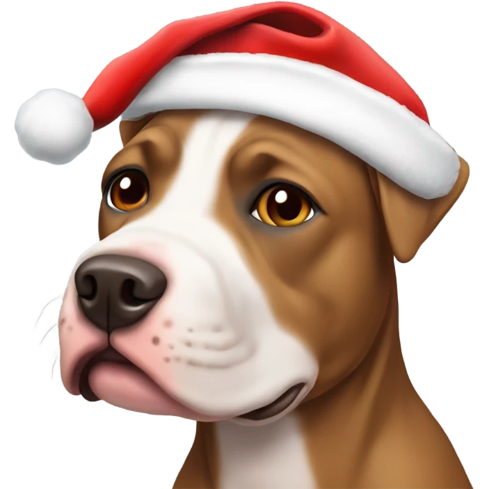 Mostly brown with some white pit bull dog with Santa hat emoji