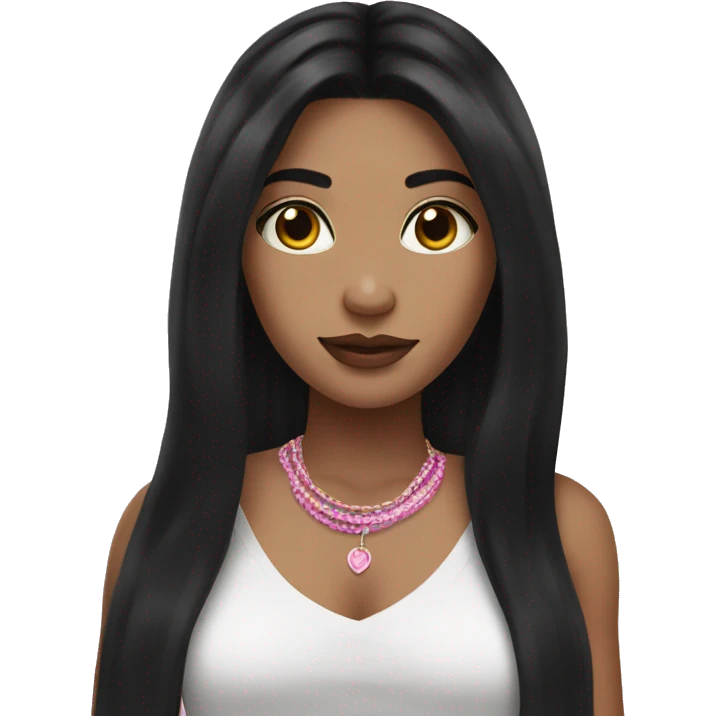 Long black hair, white skin, pink cheeks, wearing bracelets emoji