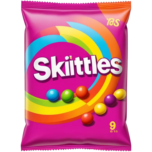 A vintage 90s Skittles package with neon accents, radical 90s American style, old school logo, bright and colorful emoji