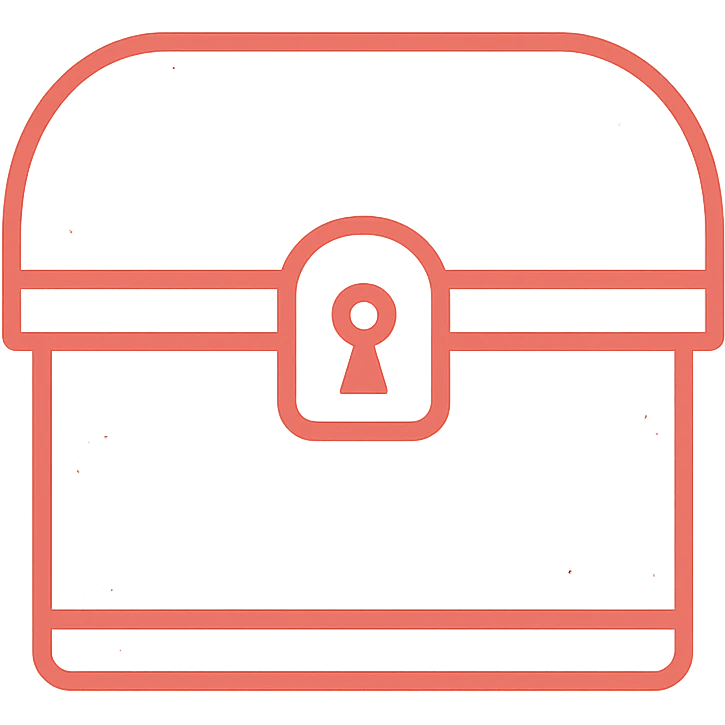 an extremely minimal red treasure chest with just the essential outline and very few details, mostly transparent with thin red lines, only about 30% red coverage, subtle weathered effect on the edges emoji