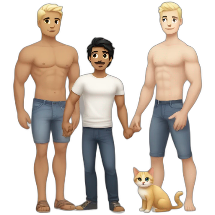 Gay couple, 1 Latino male heritage taller black hair a bit muscled, the other one white Australian male blonde hair holding hands with a cat in the middle of them. Full body emoji