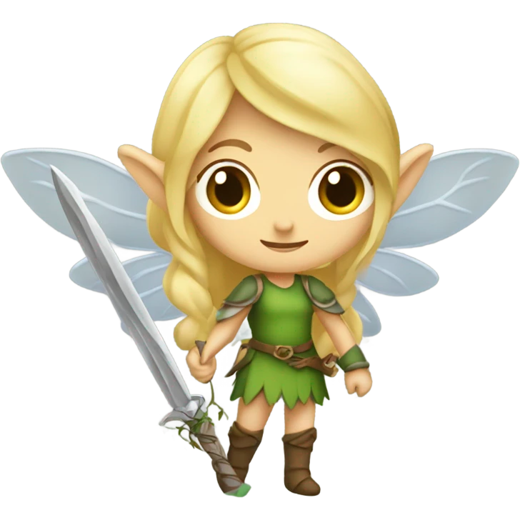Female forest fairy, wings, pointed elf ears, blonde hair, vines, holding medieval sword emoji