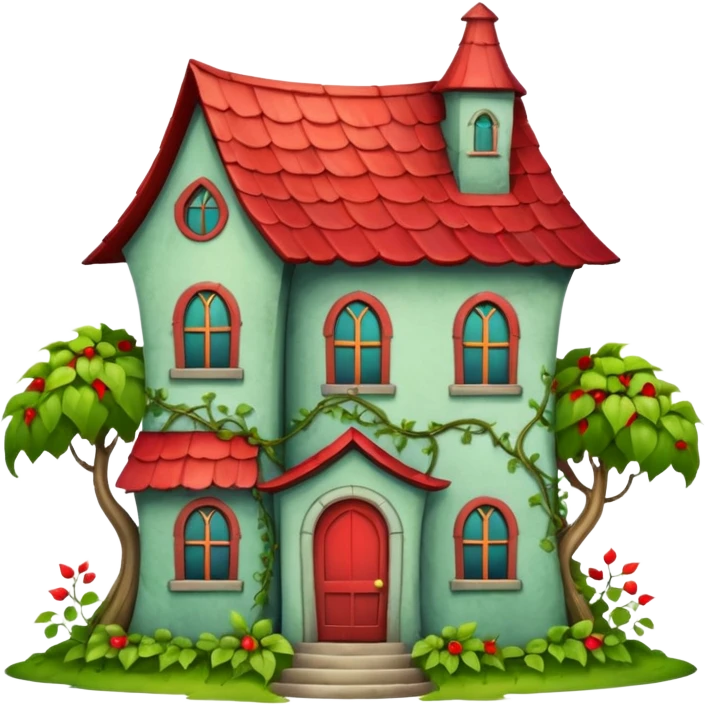an old magic house with Tall crooked building with red roof.

 emoji