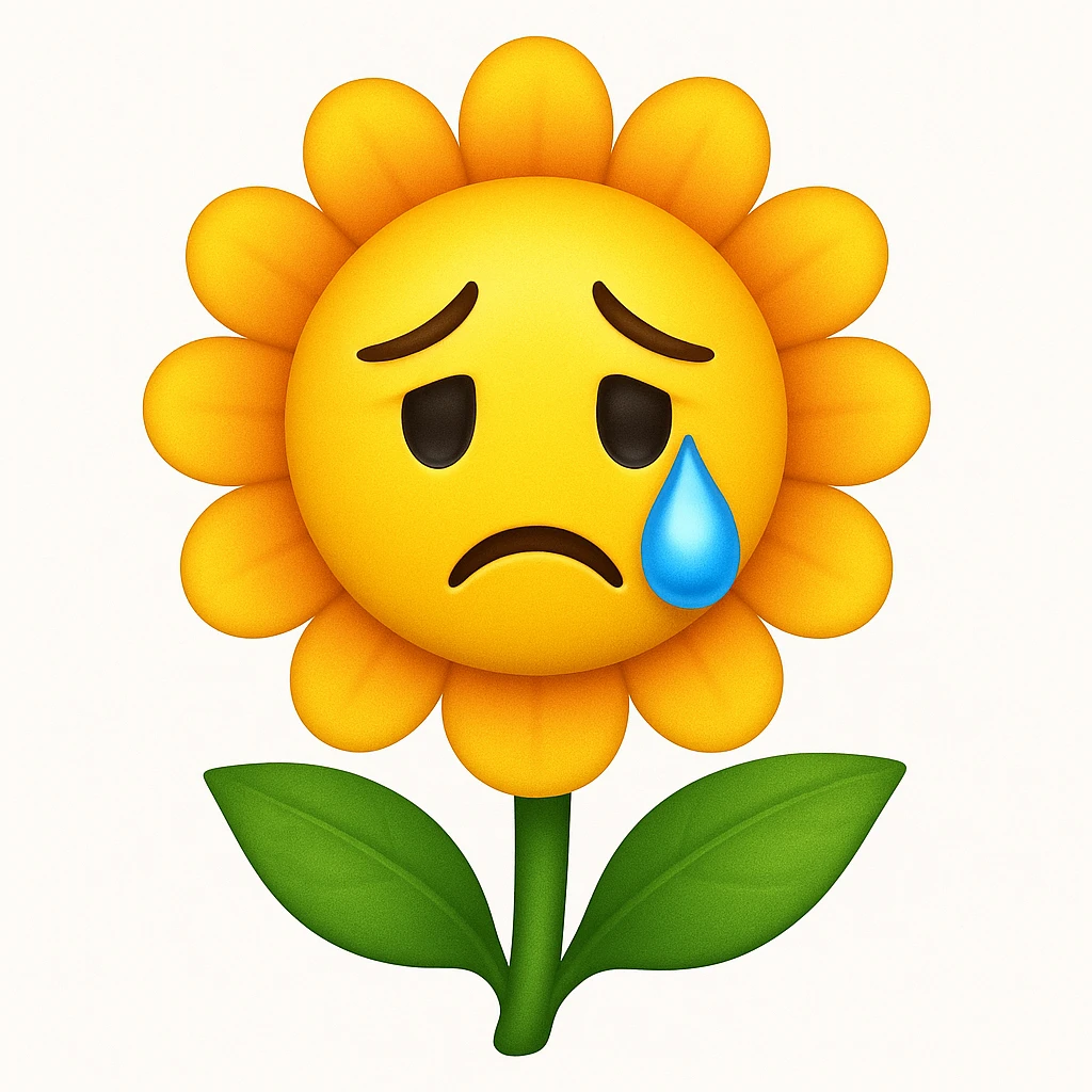 Make the sad flower with a teardrop in the style of apple style emojis emoji