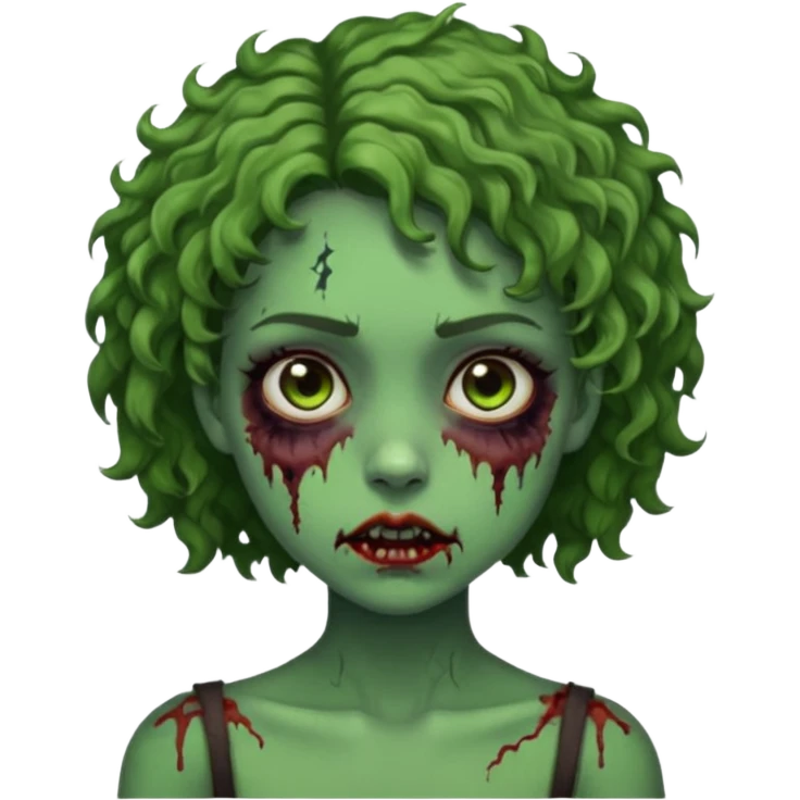Garota, cabelos cacheados curtos na medida dos ombros, pele verde, olhos castanhos escuros, machucados pelo corpo, remetendo a um zumbi emoji