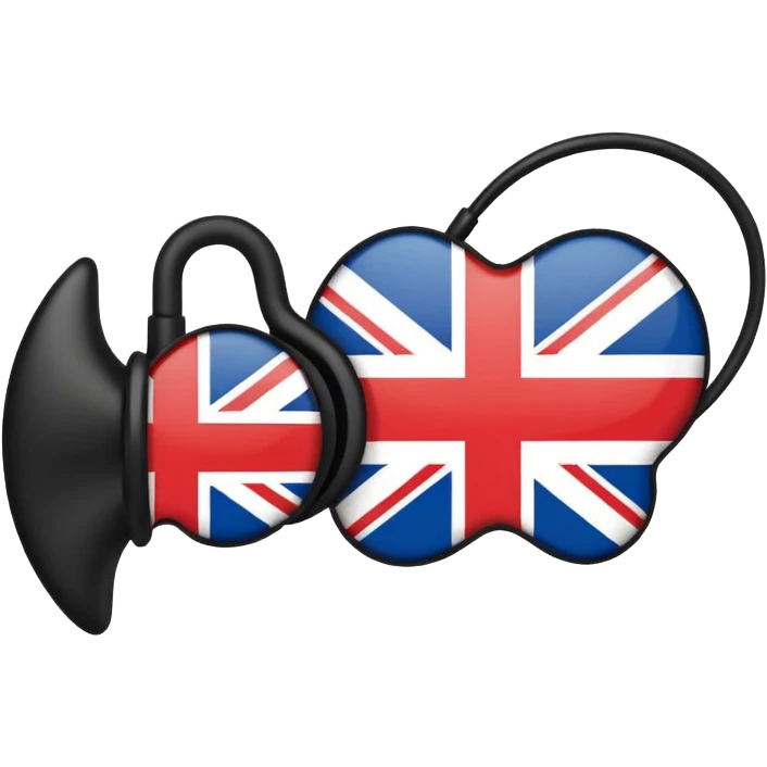Minimalistic flat vector icon, iOS style, thin black contour on white background. Ear icon with sound waves and small UK/USA flag symbol. Clean, no text, no shadows emoji