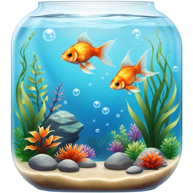 Large aquarium fish like veil tails and lionhead goldfish swimming gracefully in a beautifully decorated aquarium. Colorful aquatic plants, smooth rocks, and gentle bubbles surround the fish. The water shimmers in sunlight, creating a peaceful and vibrant underwater scene. Transparent background. emoji