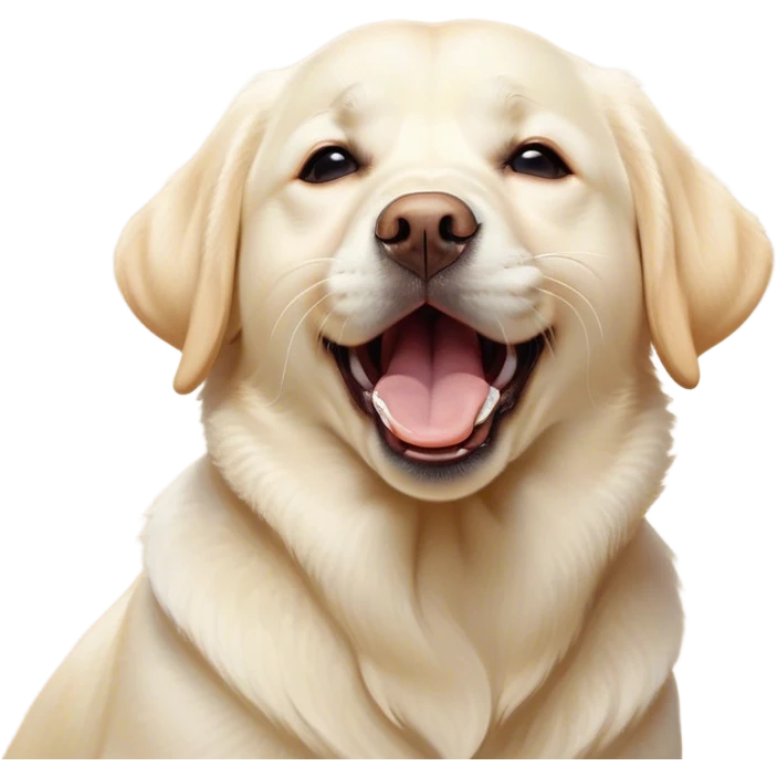 Cinematic Cute Yawning Cream Labrador Portrait Emoji, Head tilted slightly with a dramatic, wide-open yawn, showcasing a smooth cream Fur with a subtle shimmer, floppy ears slightly drooping, round warm eyes barely open in drowsy contentment, Simplified yet irresistibly adorable features, highly detailed, glowing with a soft, cozy glow, high shine, relaxed yet expressive, stylized with a touch of whimsy, bright and endearing, soft glowing outline, capturing the essence of a sleepy yet affectionate companion, so drowsy it feels like it could stretch out of the screen and curl up for a nap! emoji