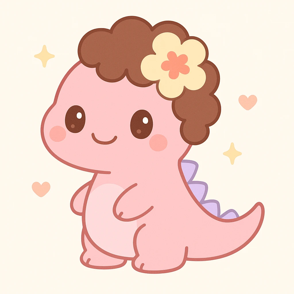 pink dinosaur with brown curly hair, a Hawaiian flower in her hair, and brown eyes, cute cartoon style emoji