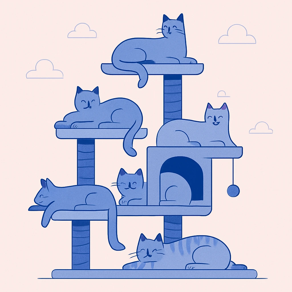 multiple cats lounging in tall cat tree playhouse emoji