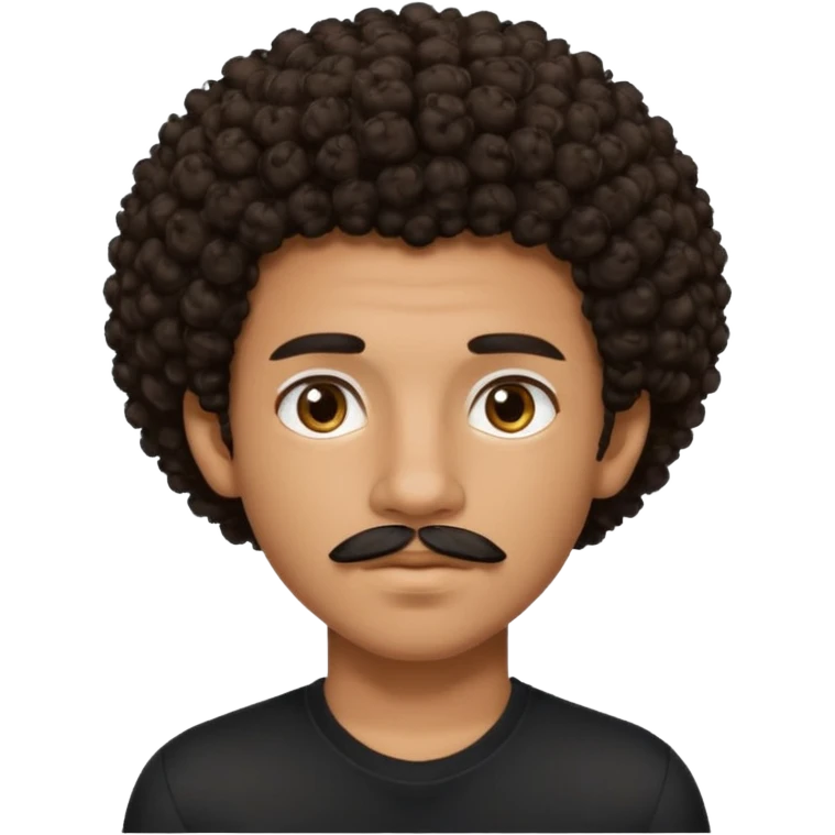 teen-boy, Afro curly dark brown hair, brown eyes, black shirt, thin trimmed mustache, not bushy or thick  emoji