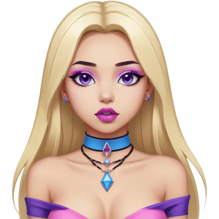 Sticker with a full-length front view of a girl. Hourglass figure. Long straight blonde hair with blue tips. Light skin, erotic makeup with sharp eyeliner and purple lips, pink choker on the neck. Erotic pose, ahegao facial expression. Realistic style, clean neutral background. emoji