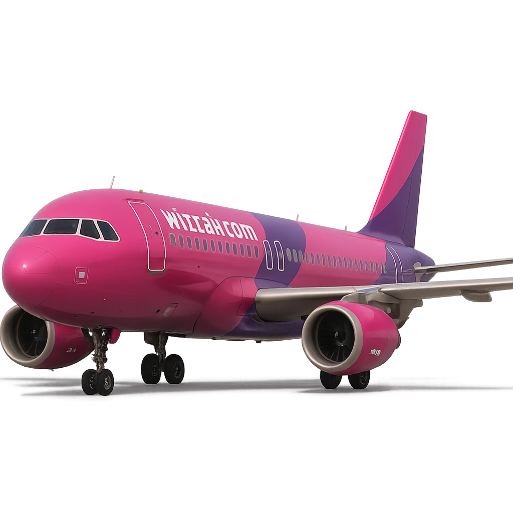 Wizz Air Airbus A320, front angle, pink and purple livery, simple background emoji