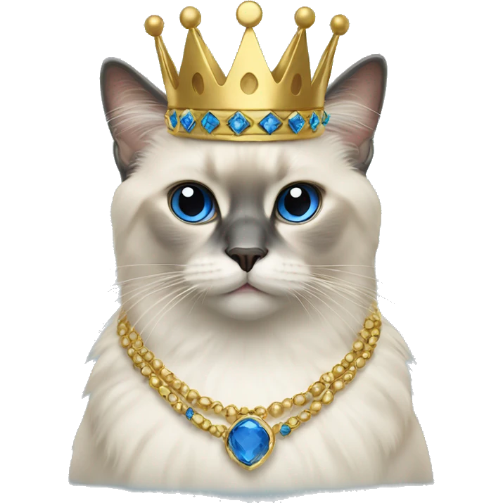 Birman cat wearing gold and blue crown and necklesd emoji