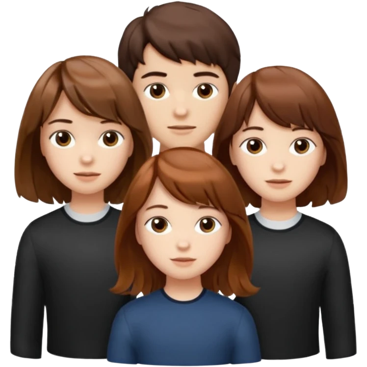 Two girls and a boy. Girl one has long, wavy, light to reddish-brown hair with bangs. Girl two has a dark-colored bob haircut. The boy has wavy, tousled, light to reddish-brown hair with a right side parting.
 emoji