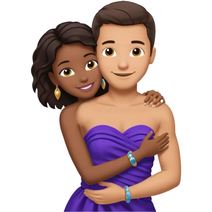 Tan brunette European male in blue shirt smiling and hugging a jet black African girl in purple strapless dress and blue jewelry emoji