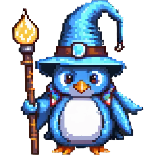 penguin wizard with a pointy hat and magic staff emoji