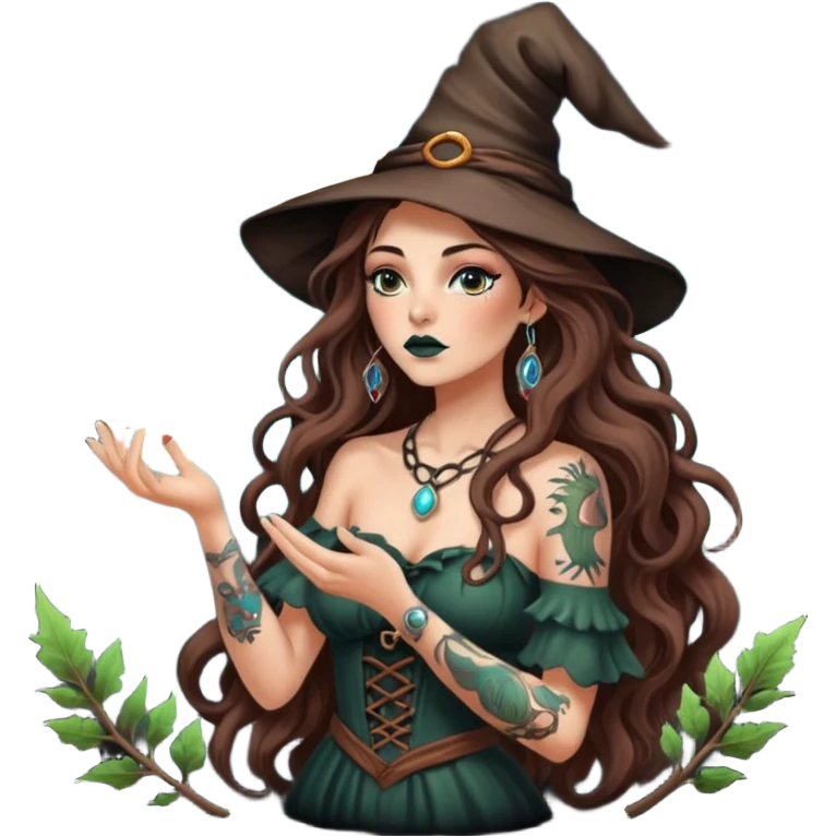 forest witch woman long wavy brown hair tattoos blowing moon dust emoji