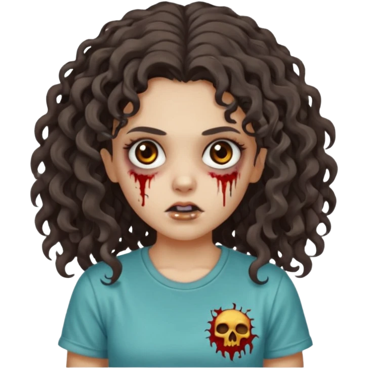 zombie girl with curly hair n brown eyes, dark and long hair 3a with wavy scalp, just a tshirt emoji