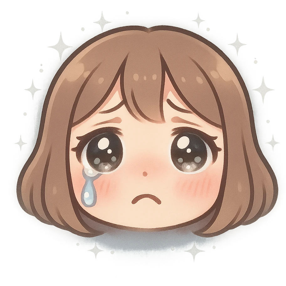 crying anime girl emoji, glossy eyes, one tear, pink cheeks, pastel blue-gray background with sparkles, soft, emotional, sensitive style emoji