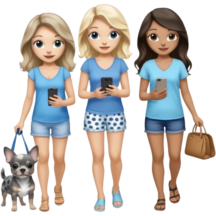 Three pretty women in cute summer clothes walking a blue and gray spotted Merle Frenchie, black and tan chihuahua puppy, holding iPhone, hazel eyed light skin with dark blonde long hair and light skin hazel eyed long wavy dark hair, blue eyed light skin long blonde hair  emoji