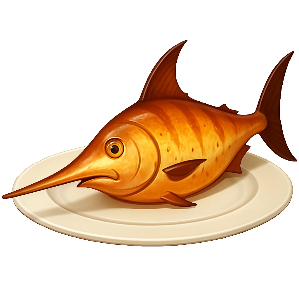 Add a prominent sword-like bill to the cooked swordfish on a plate, emoji style. Keep the cooked look, no garnish. emoji