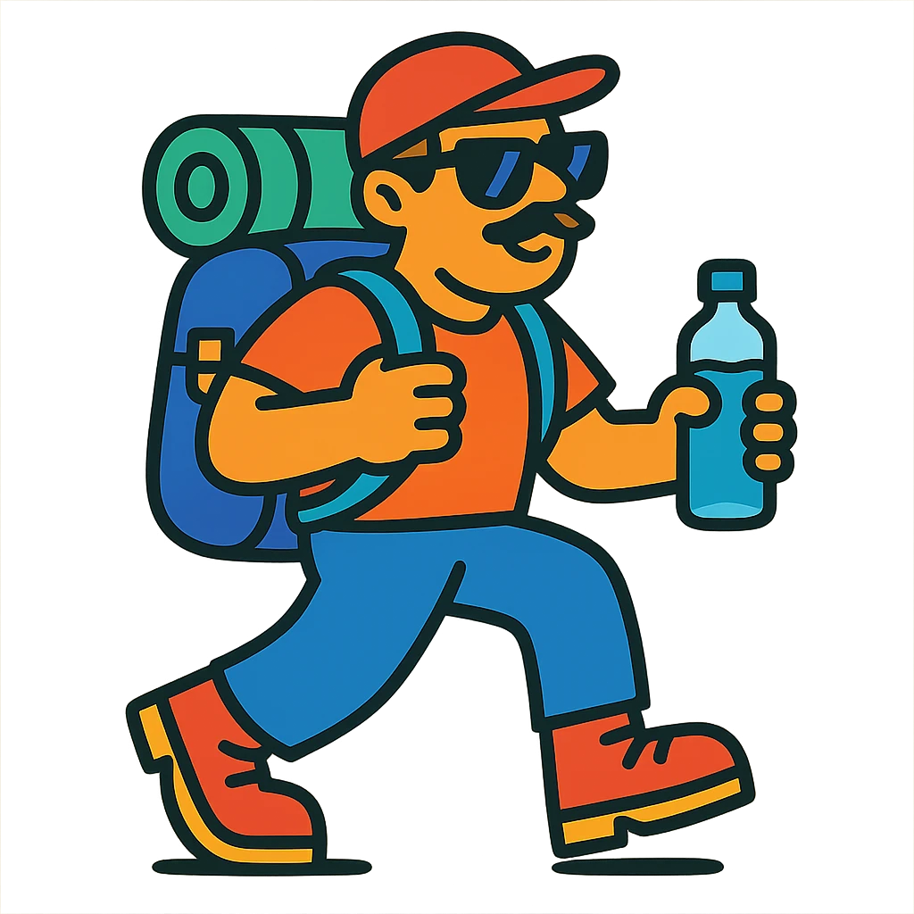 vibrant toon hiker with sunglasses and a water bottle emoji