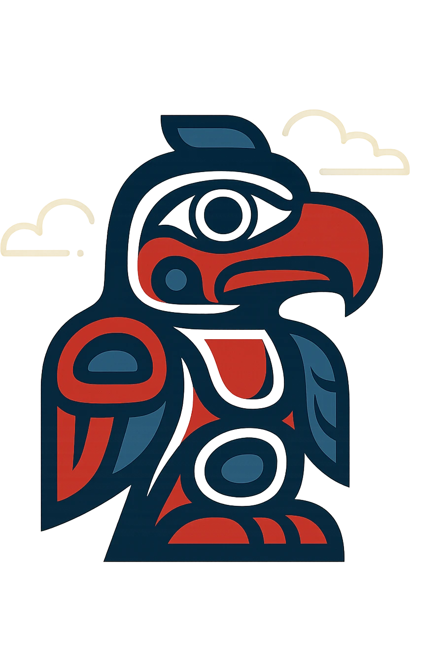 bold modern logo representing Totemism inspired by Pacific Northwest Native American totem poles, stylized abstract eagle head with geometric and organic motifs, limited color palette of red black white and blue, clean iconic easily recognizable design reflecting indigenous artistry and spiritual symbolism emoji