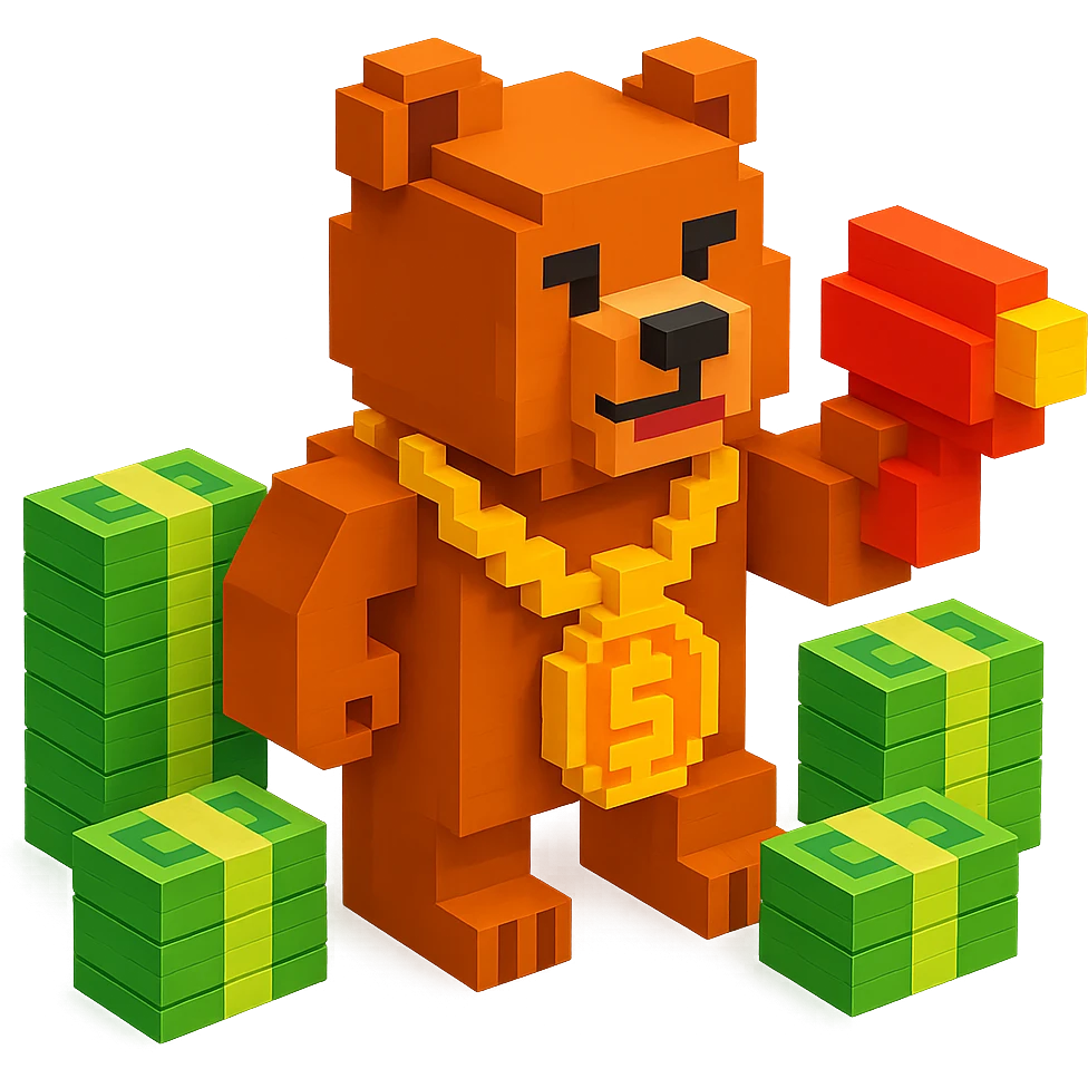 Russian grizzly bear with a rapper chain and a money gun, surrounded by stacks of money emoji