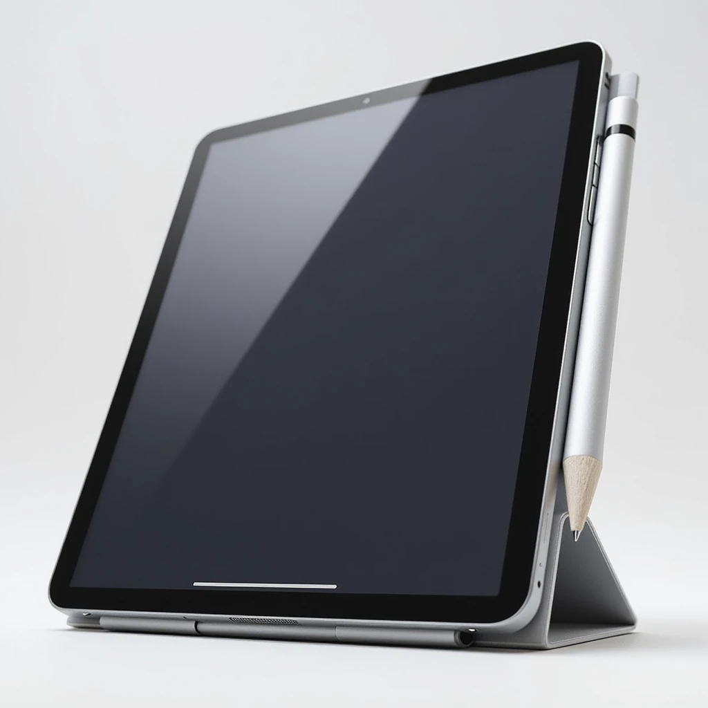 an iPad Pro with Apple Pencil, realistic style, angled view, detailed, photorealistic, modern device, screen reflection, metallic edges emoji