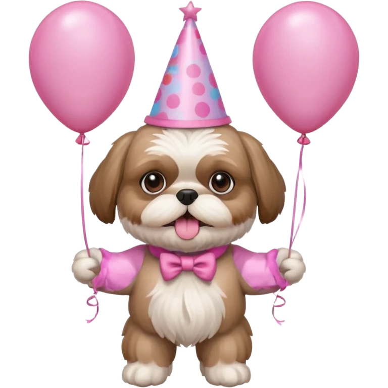 cute shih tzu hold a few pink balloons  in both arms with pink birthday hat emoji