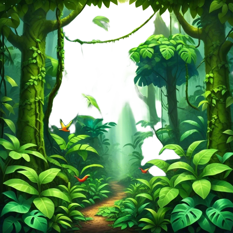 Cinematic Realistic Rainforest Emoji in a wooden frame, Lush and vibrant, filled with towering trees, thick vines, and dense green foliage, sunlight filtering through the canopy above, creating dappled patches of light on the rich, diverse undergrowth. The air is heavy with moisture, with mist rising from the forest floor and distant calls of exotic birds and animals echoing through the trees. Soft glowing outline, capturing the essence of a thriving, untamed tropical paradise filled with life! emoji