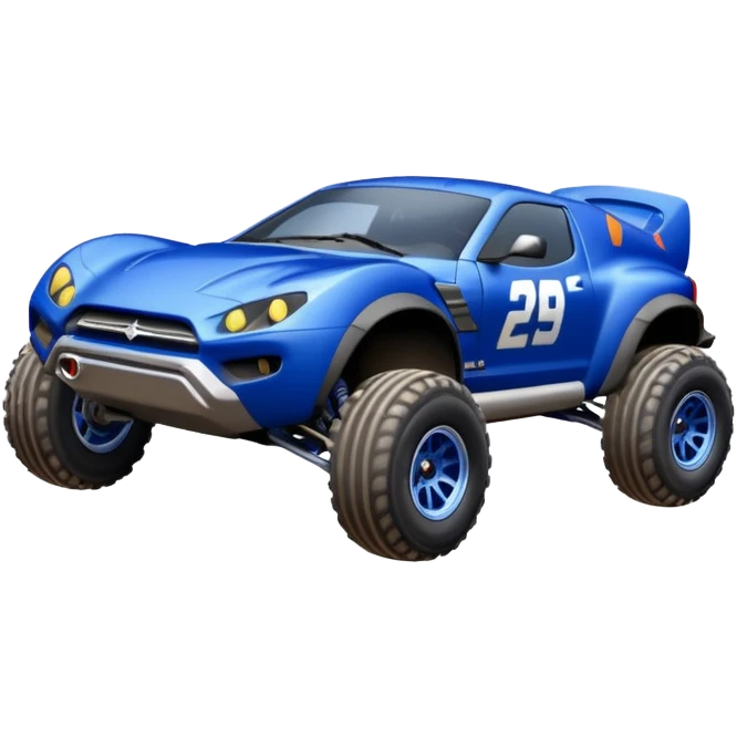 Satan’s Dirty and dented Midnight-blue Local Motors Rally Fighter off road race car flying jumping over a dirt ramp (silver wheels) emoji