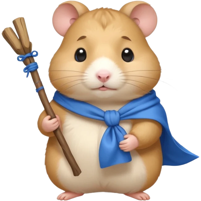 Cute fat cartoon-style hamster carrying a stick with a tied blue cloth bundle (bindle) over its shoulder with a melancholy expression. emoji