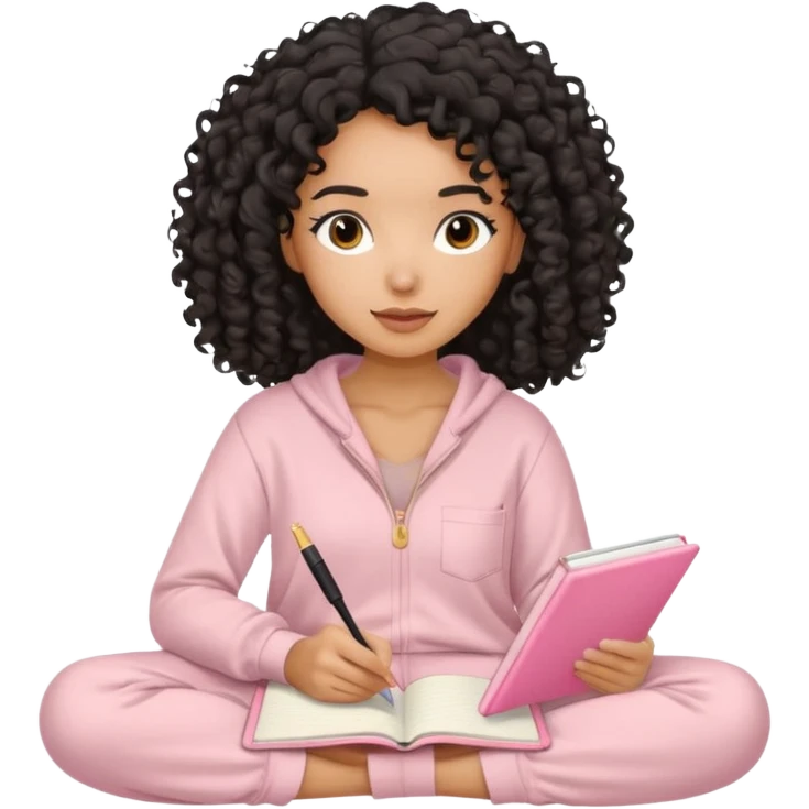 Mixed-race woman with caramel skin, black curly hair loose, wearing beige loungewear, journaling in a pastel pink notebook emoji