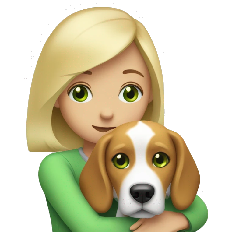 A blonde girl with green eyes hugs a beagle emoji