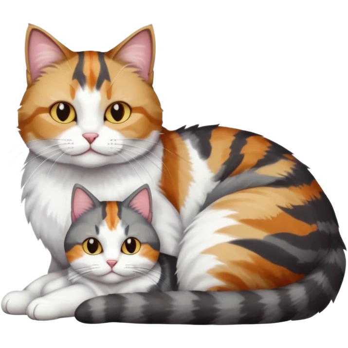 full body colourful light patched calico + white tabby cat cuddling a big dark grey and white tabby cat  emoji